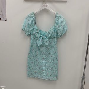 Mint colored embossed print with flowers dress, front tie, sweetheart neckline
